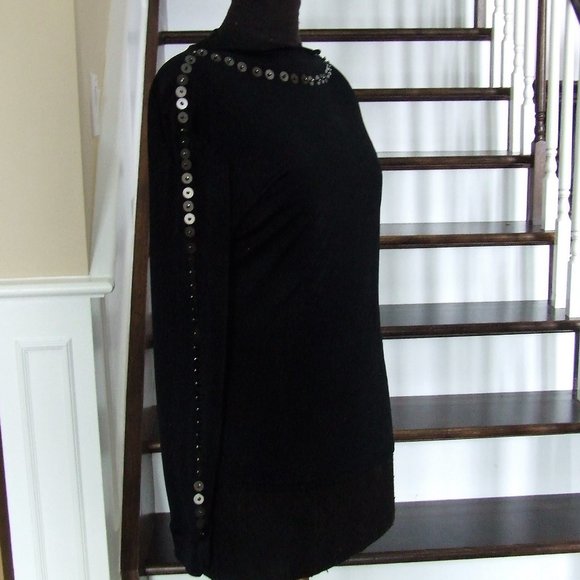 Black Fancy Beaded Turtleneck Stretchy Top Boat Neck M - Picture 3 of 7